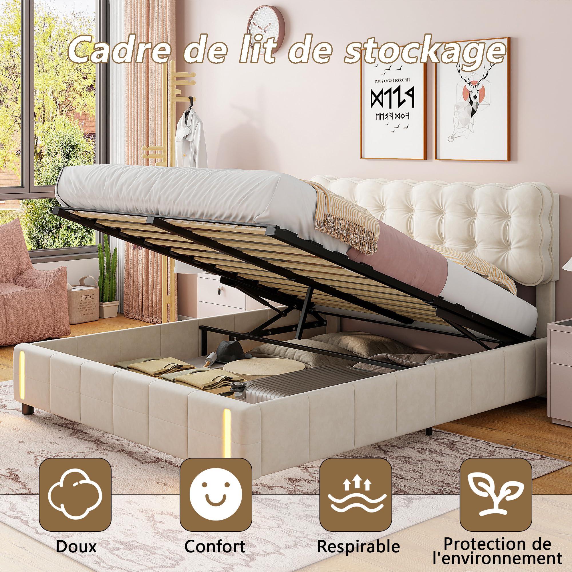 LONELYO Lit Coffre 160x200 avec LED RGB 7 Couleurs & Système Hydraulique – Velours Beige Clair Capitonné, Rangement Spacieux & Sommier à Lattes – Design Moderne