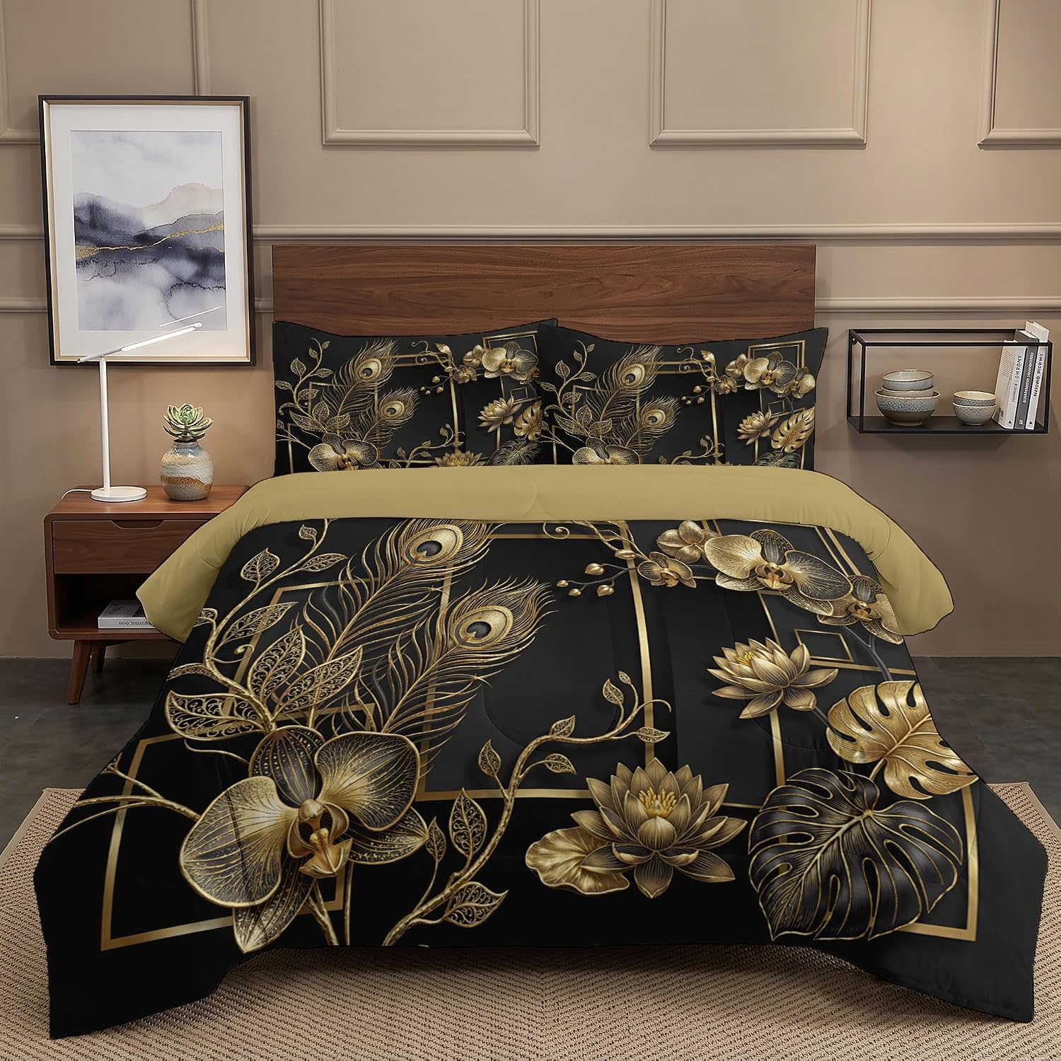 Retro Luxury Quilt Set King 3 Pieces, Gold Quilts Bedding Set Flowering Plants Bedspread Bed Cover Lightweight Spring Summer Beds Coverlet for All Season - 104"X90"