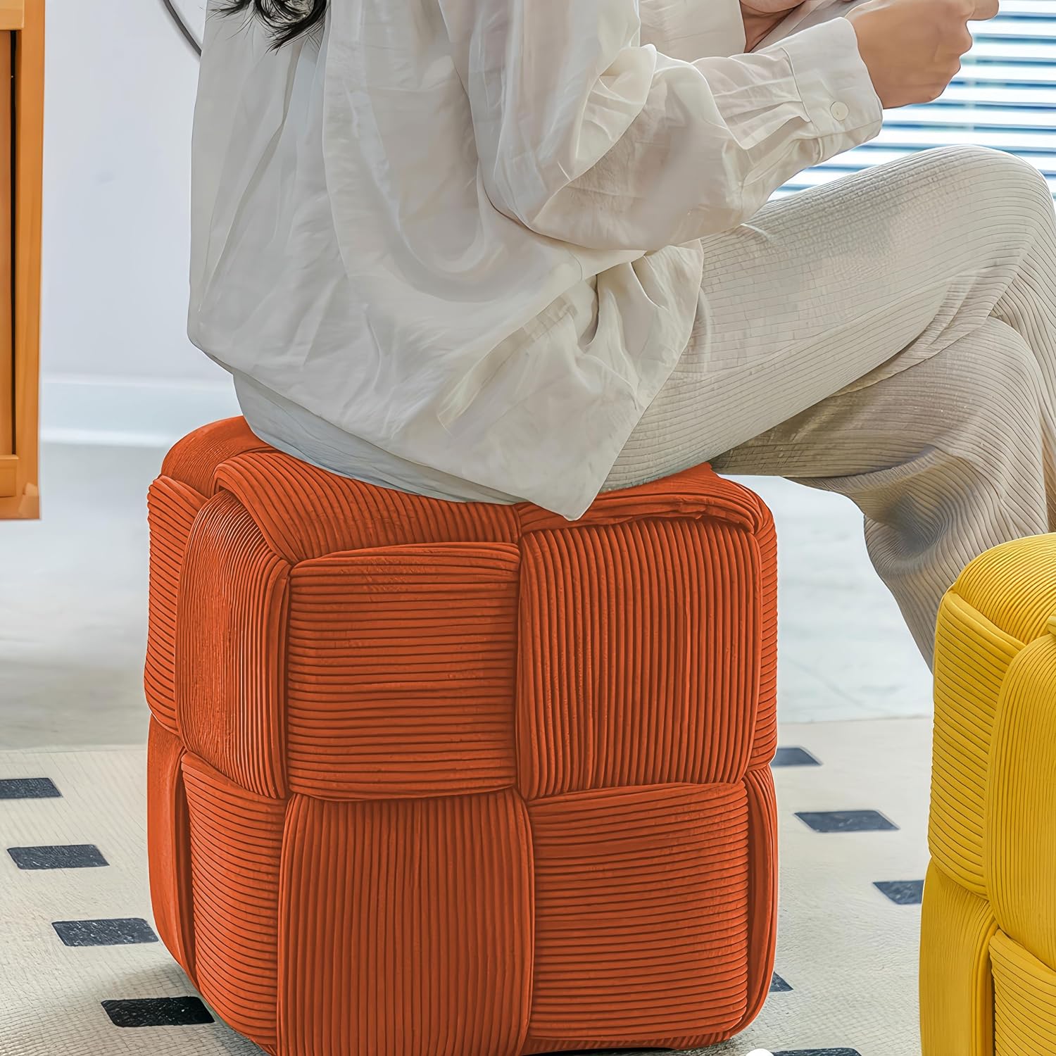Ottoman Foot Rest Soft and Comfortable Ottoman Square Corduroy Woven Design Sofa Stool (Orange)