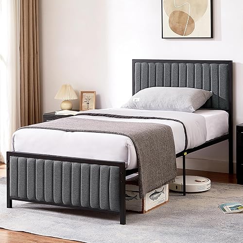 Miniatura 3 de VECELO Base de cama tamaño individual con cabecera tapizada, plataforma de listones de acero resistente, no necesita somier, gris oscuro