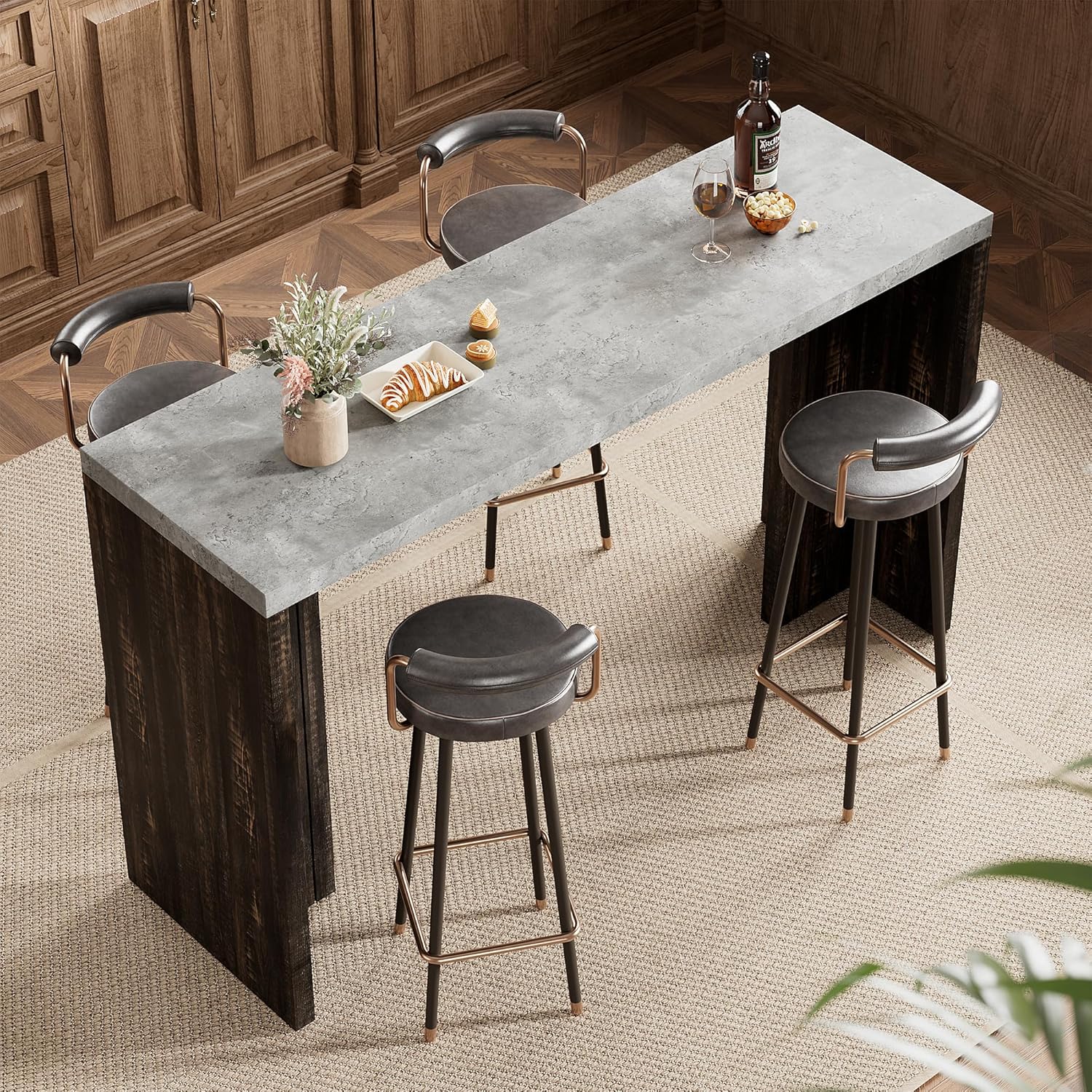 Bar Table for 4-6 People - 55" Long Counter Height Pub with Faux Marble Tabletop, Modern Rectangular Home Bar Coffee Unit for Kitchen, Dining Room, Balcony, Living Room, Gray+Brown