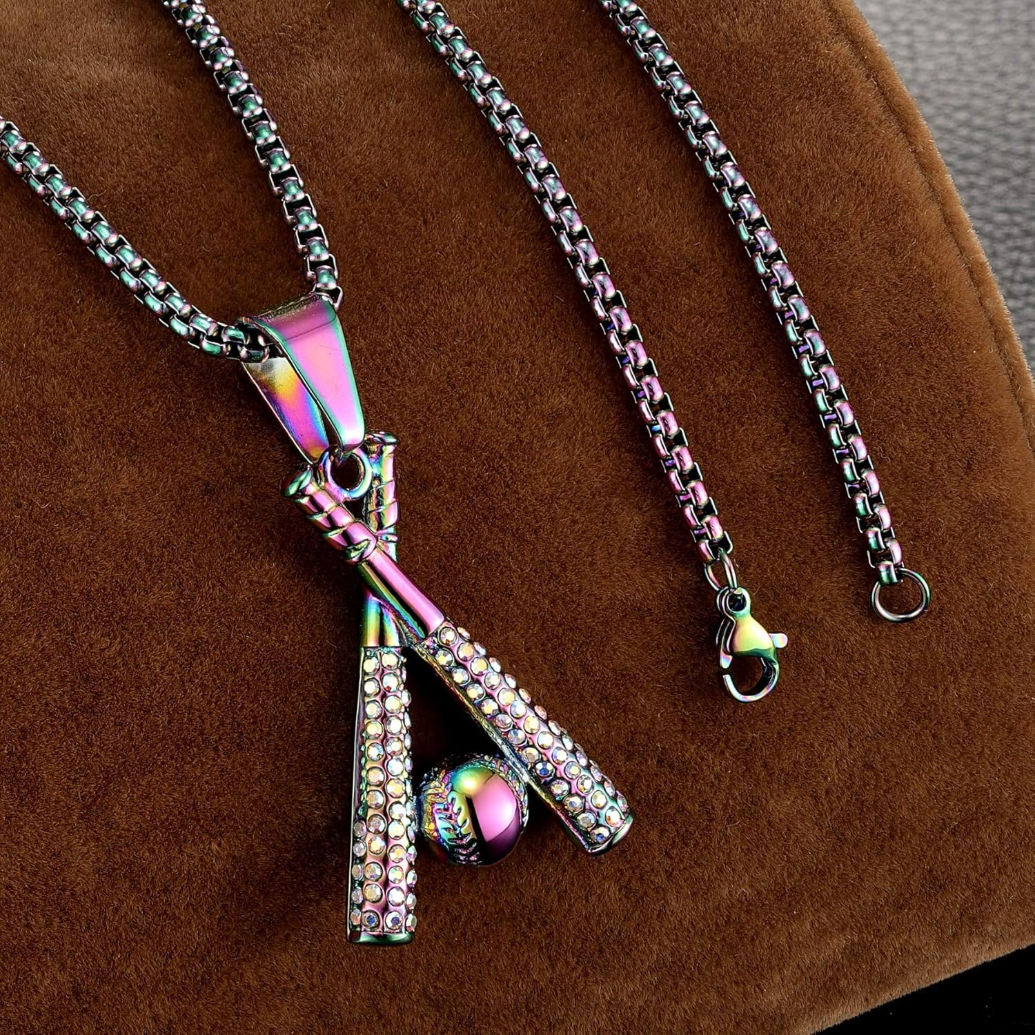 ROWIN&CO Iced Out Baseball Bat Cross Pendant Necklace for Men Women, Stainless Steel Hip hop Jewelry, Gold/Black/Rainbow 24'' Diamond Baseball Personalized Sports Chain - Image 2