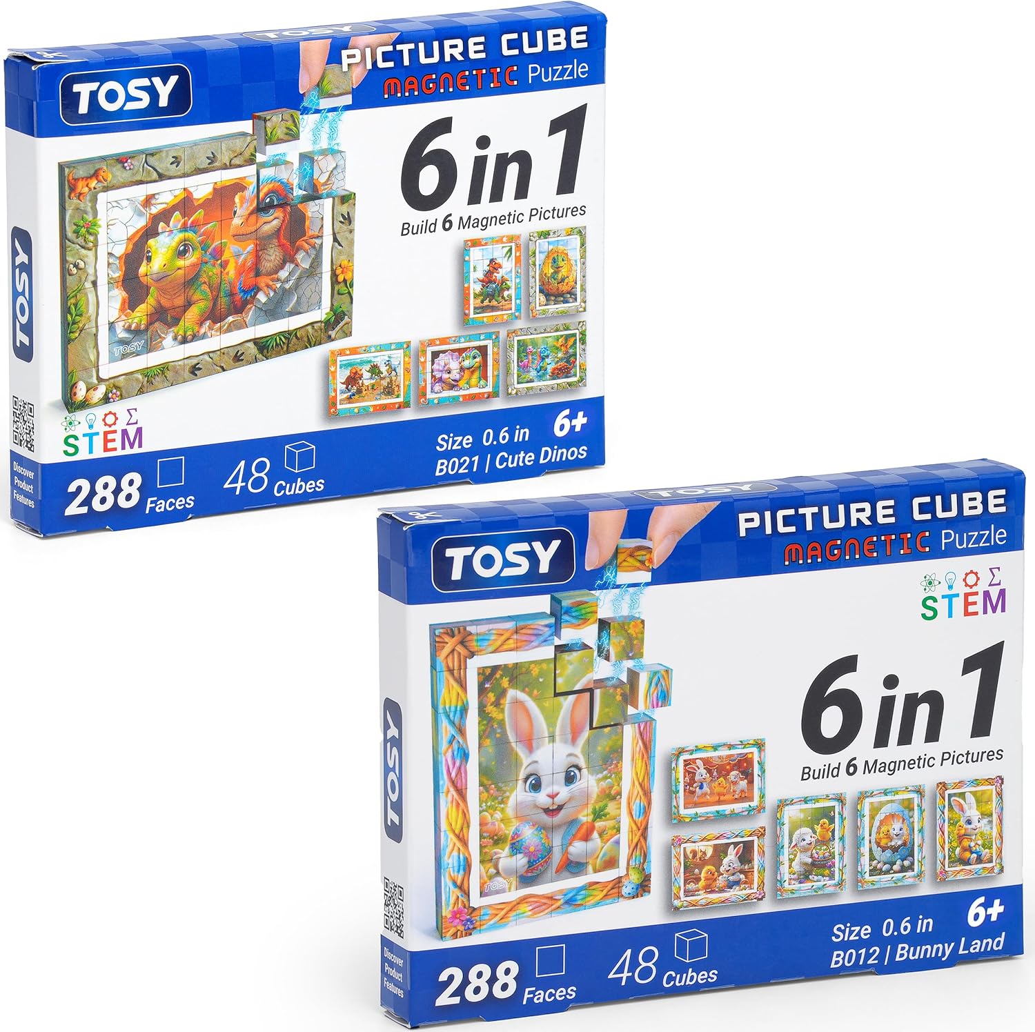 TOSY Picture Cube: 6-in-1 Magnetic Picture Puzzle, Easter Basket Stuffers STEM Gift for Kids/Adult, 48 Blocks, 288 Faces/Magnets, 0.6 in, Seamless UV Art, Display-Ready Frame, Collectible, Mixed Set