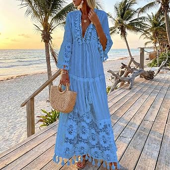 Akivide Summer V Neck Boho Lace Maxi Dresses for Women Loose Tassel Beach Dress Swing Flowy 3/4 Sleeve Long Dress