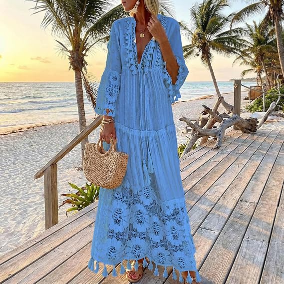 Akivide Summer V Neck Boho Lace Maxi Dresses for Women Loose Tassel Beach Dress Swing Flowy 3/4 Sleeve Long Dress