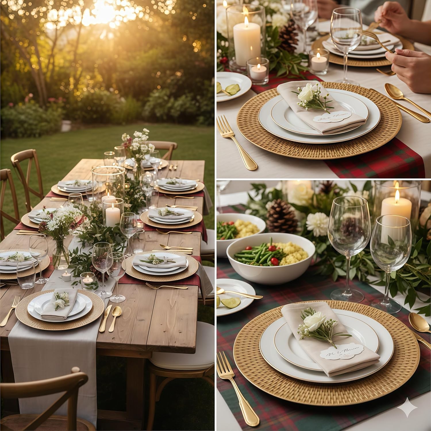 13 Inch Antique Gold Charger Plates Set of 12 Round Plastic Plates Matte Finish Faux Rattan Woven Texture Charger plates for Wedding Party Christmas (537BR)