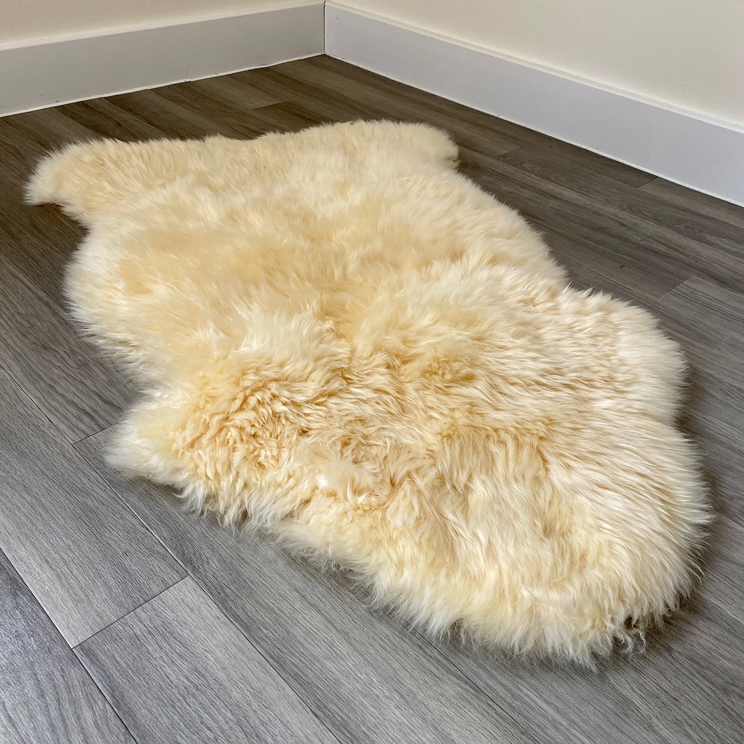 Véritable tapis en peau de mouton colorée | Tapis en peau de mouton extra épais (crème, simple 95 x 60 cm)
