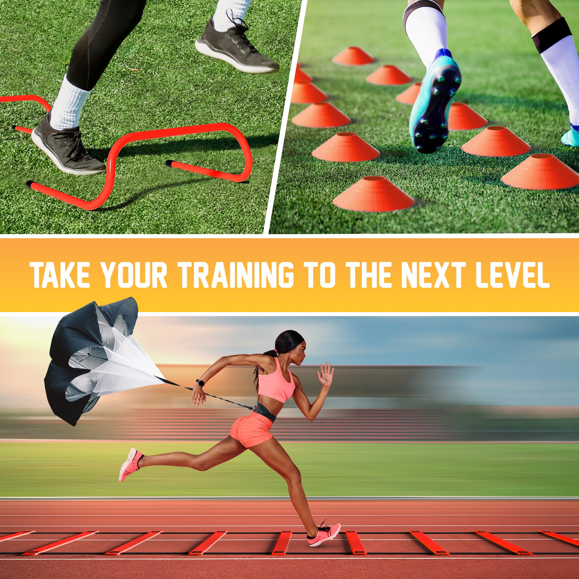 Yes4All Juego de Equipo de Entrenamiento de Velocidad: Escalera de Agilidad de 15 pies, paracaídas de Resistencia, 5 obstáculos de Agilidad, 12 Conos de Disco con Bolsa de Transporte/Correa
