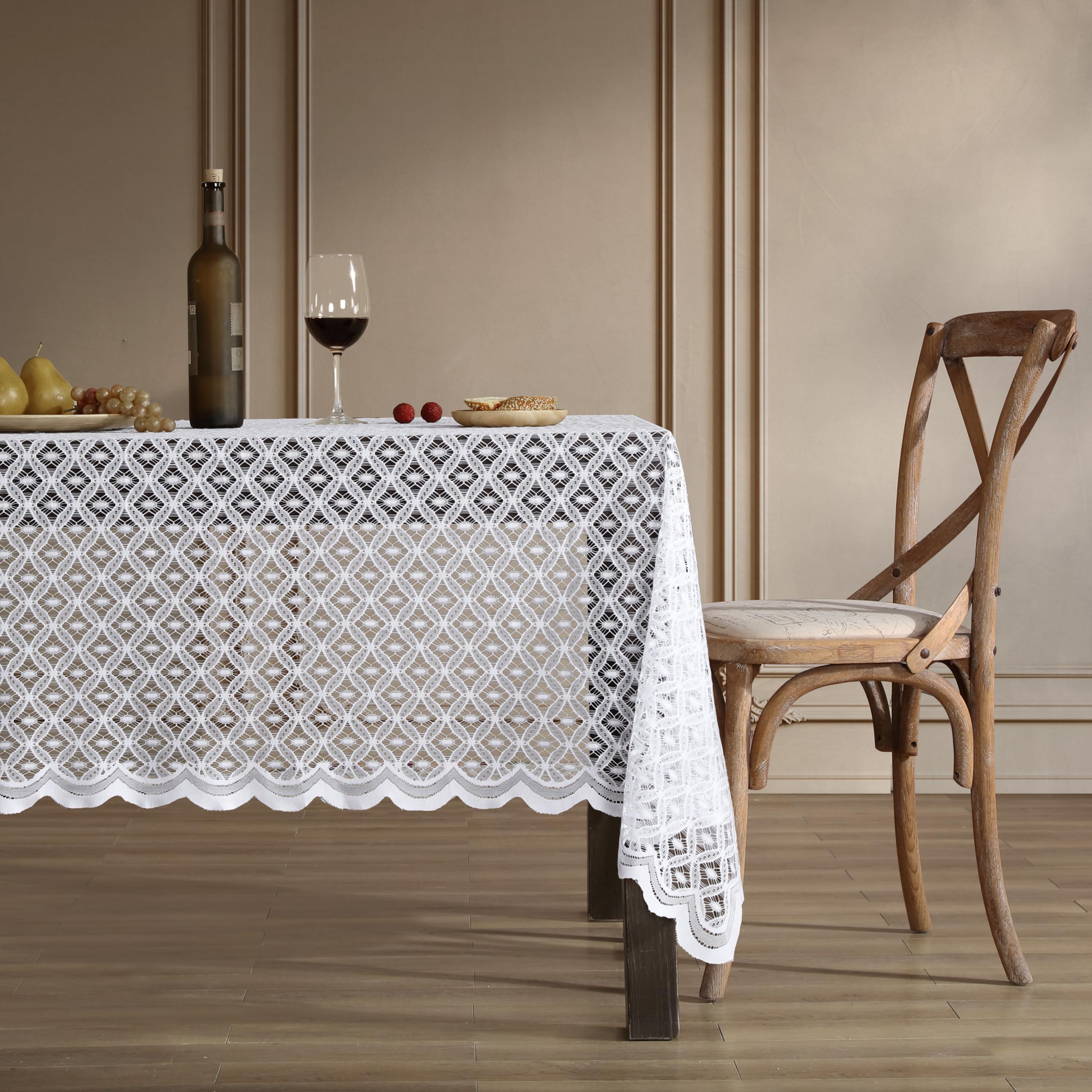HLC.ME Sedona Spitzenstoff-Tischdecke, Spitzentischdecke für rechteckige Tische, knitterfrei, gemustert, gewellt (60B x 104L, Weiß)