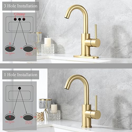Miniatura 4 de Grifo de barra dorada de un solo agujero, grifo de fregadero de barra de oro cepillado con placa de cubierta y líneas de suministro, grifo de