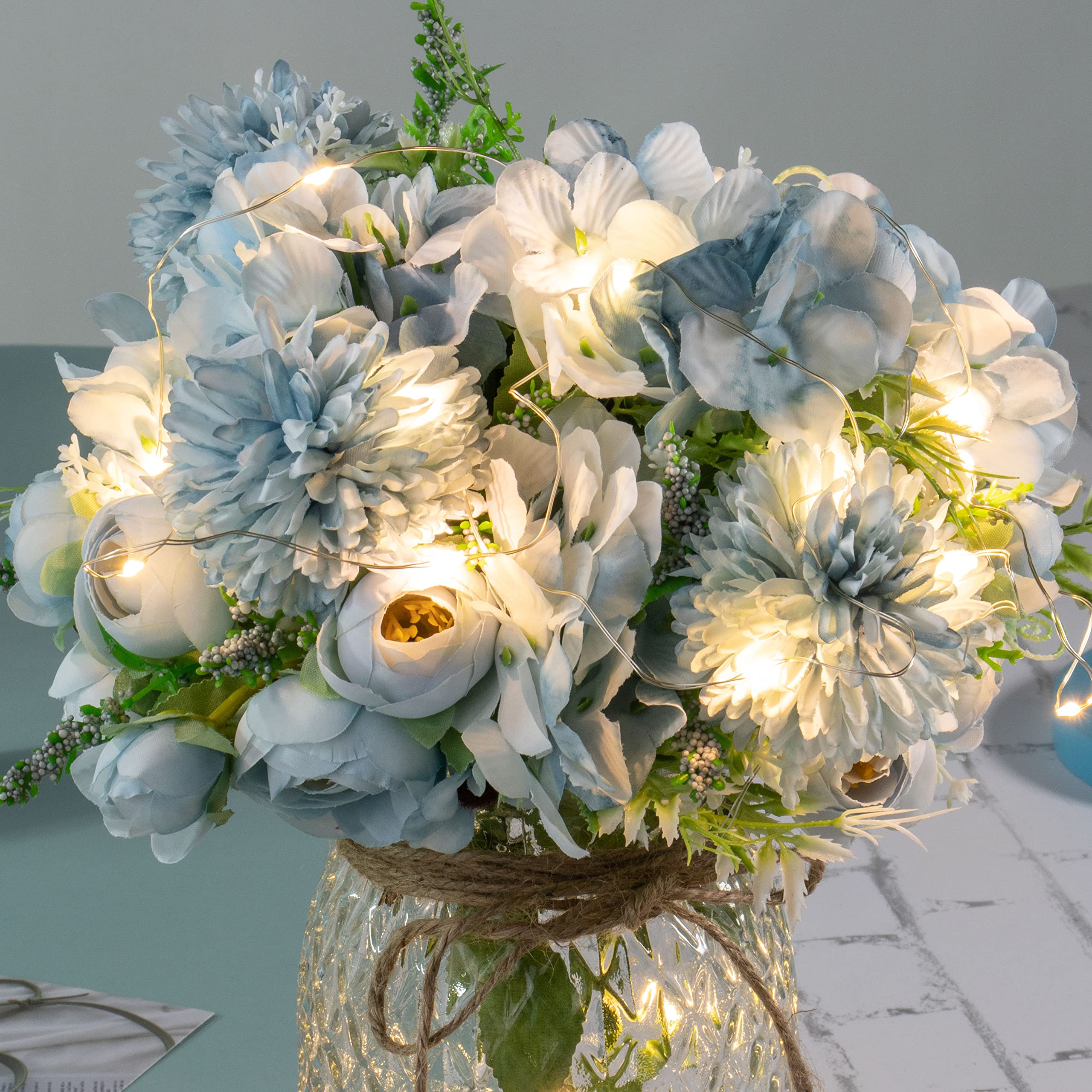 Flores de rosas azules artificiales LED con jarrón de cristal, luz LED con control remoto, arreglo floral para centro de mesa, decoración de boda en casa y oficina 2