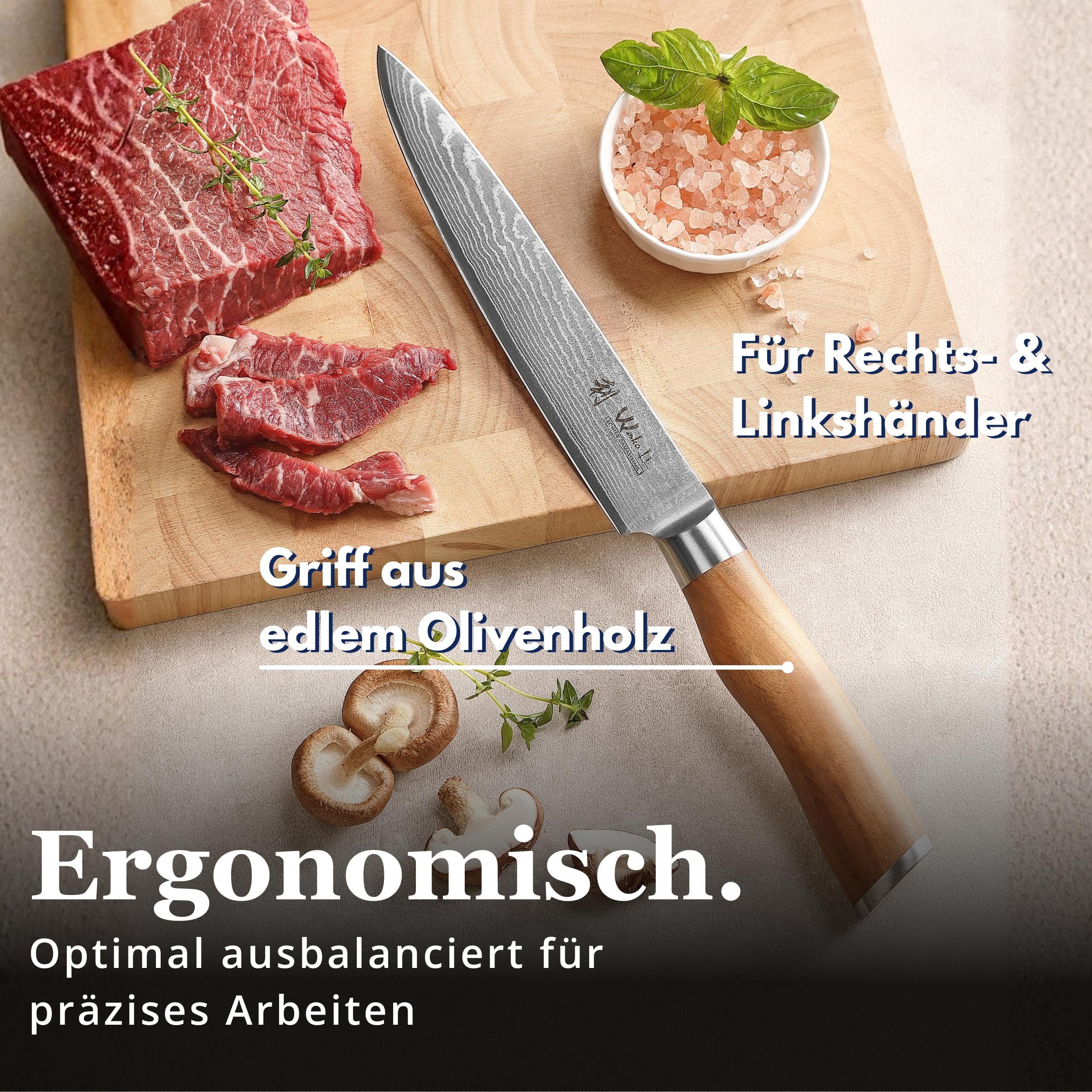Wakoli Olive Tranchiermesser mit 17 cm Klinge aus 67 Lagen Damaststahl mit VG10 Kern, Fleischmesser mit Olivenholzgriff, Damastmesser in Geschenkbox für Fleisch und feine Schnitte