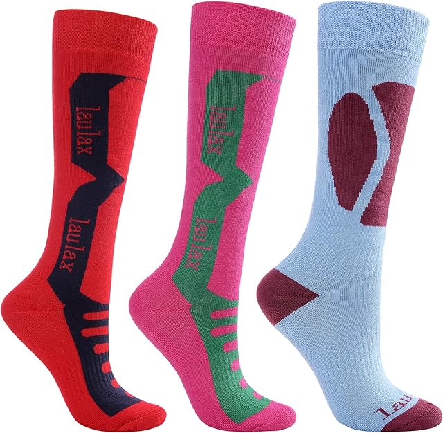 Laulax 3 Pairs Ladies Winter Thermal Long Hose Smooth Seamless Toe Cashmere-Like Ski Socks, Size UK 3 - 7 / Europe 36 - 40, Gift Set, Red, Pink, Blue