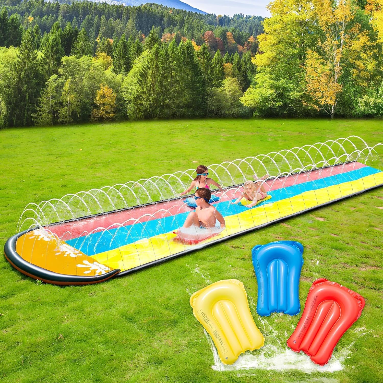 Generisch Wasserrutsche Garten für Kinder, 488x208cm Dreispurige Rutschbahn mit 3 Bodyboards, Wasserbahn mit Sprinkler, Sommer Wasserspielzeug