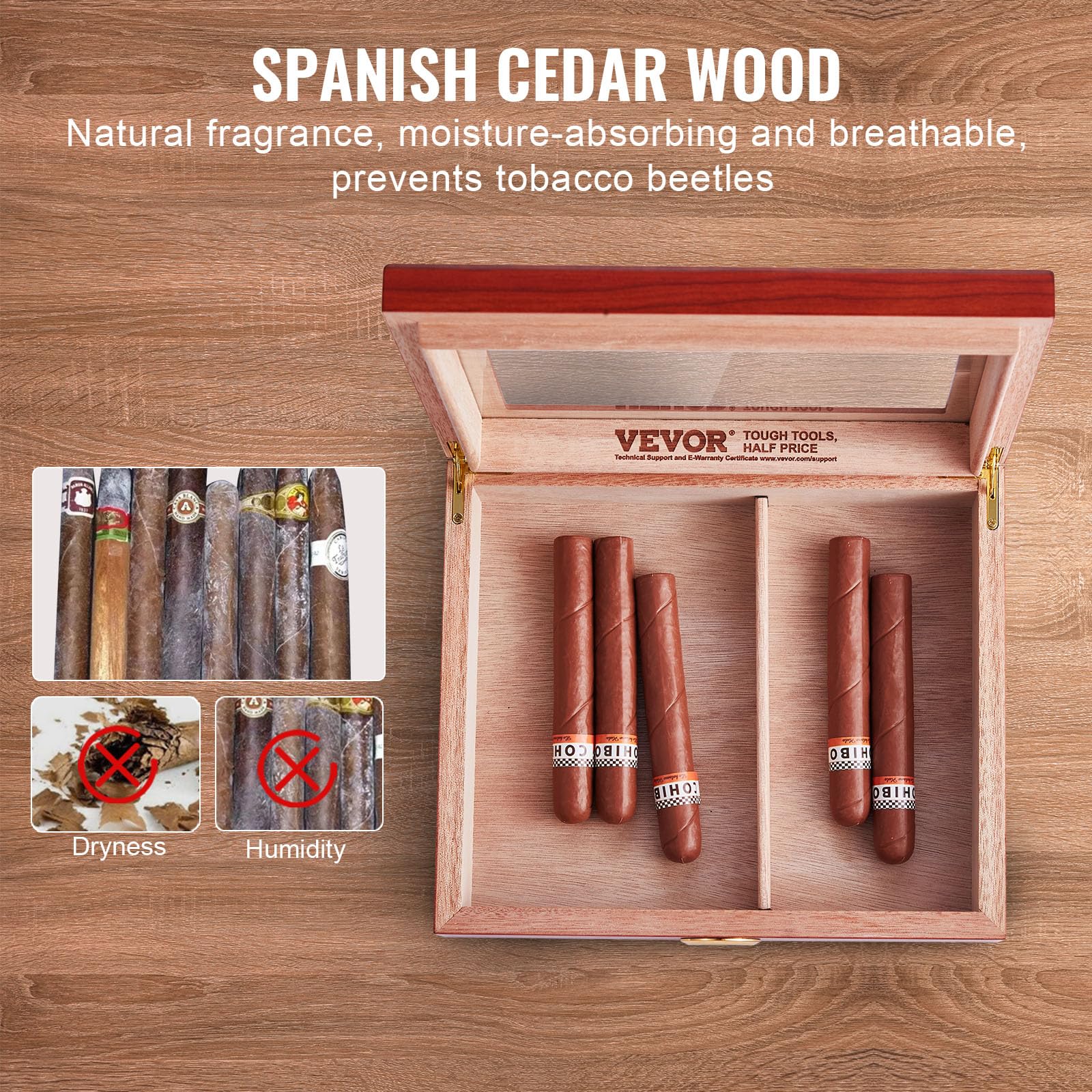 VEVOR Humidor na cygara, pudełko humidor ze szklaną pokrywką, ręcznie wykonane pudełko na cygara z hiszpańskiego drewna cedrowego, pudełko do przechowywania cygar z nawilżaczem i ścianką działową,