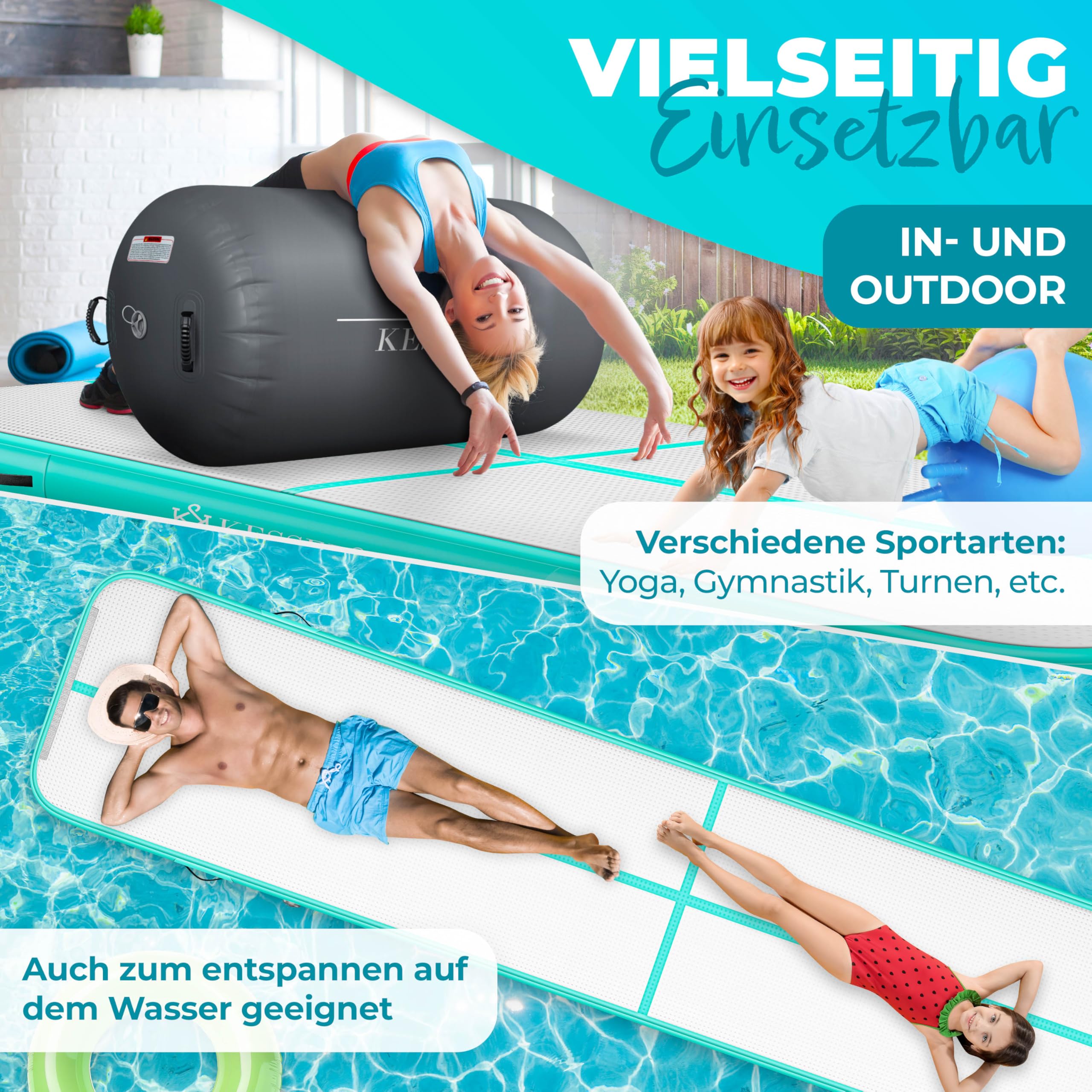KESSER® Turnmatte Aufblasbar Airtrack 2m/3m/4m/5m/6m Fitness-Matte Gymnastikmatte | inkl. Tragetasche & elektr. Luftpumpe | Yogamatte, Tumbling Matten, Trainingsmatte, Turn- & Fitness