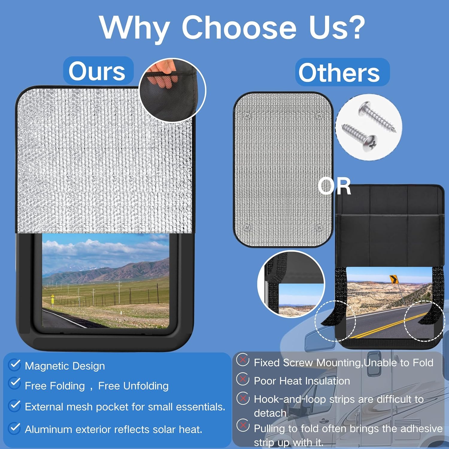 Total Blackout & UV Protection Kit for RV:Magnetic Window Shade with Pocket & Skylight Cover.3-Layer Insulation Sun Blocker for RV Doors,Windows, Roof Vents. Keeps Interior Cool.Fits Camper,Trailer