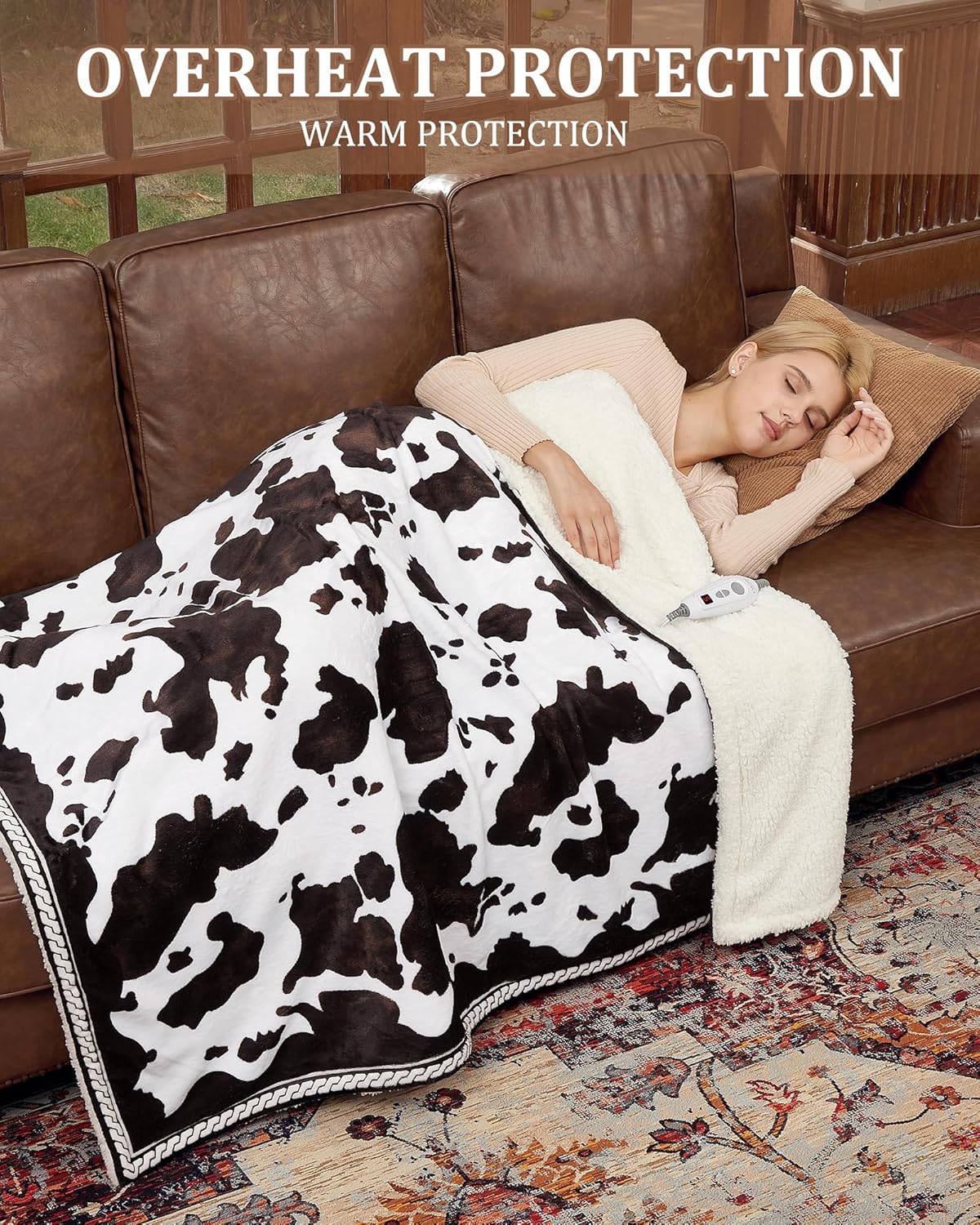 CAROMIO Heated Electric Blanket Throw, Cow Print Fast Heating Throw Blankets with LCD Controller, 6 Heat Levels & 4 Hour Auto Shut Off, ETL Certified, Machine Washable, Cow-Brown, 50" x 60" - Image 4