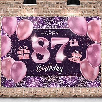 Happy 87th Birthday Banner Backdrop - 87 Birthday Party Decorations Supplies for Women - Pink Purple Gold 4 x 6ft