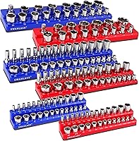 SWANLAKETOOLS Magnetic Socket Organizer Set - 6PCS Holders for 1/4" 3/8" 1/2" Drives, Holds 143 Metric & SAE Sockets (Blue/Red)
