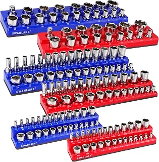 SWANLAKETOOLS Magnetic Socket Organizer Set - 6PCS Holders for 1/4" 3/8" 1/2" Drives, Holds 143 Metric & SAE Sockets (Blue/Red)