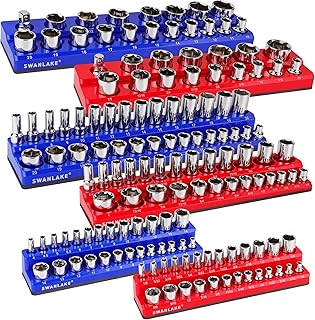 Magnetic Socket Organizer Set, 6PCS Socket Holder, 1/4", 3/8", 1/2" Sockets Holds 143 Pieces Magnetic Sockets Trays (Blue&red, 6 Pcs)