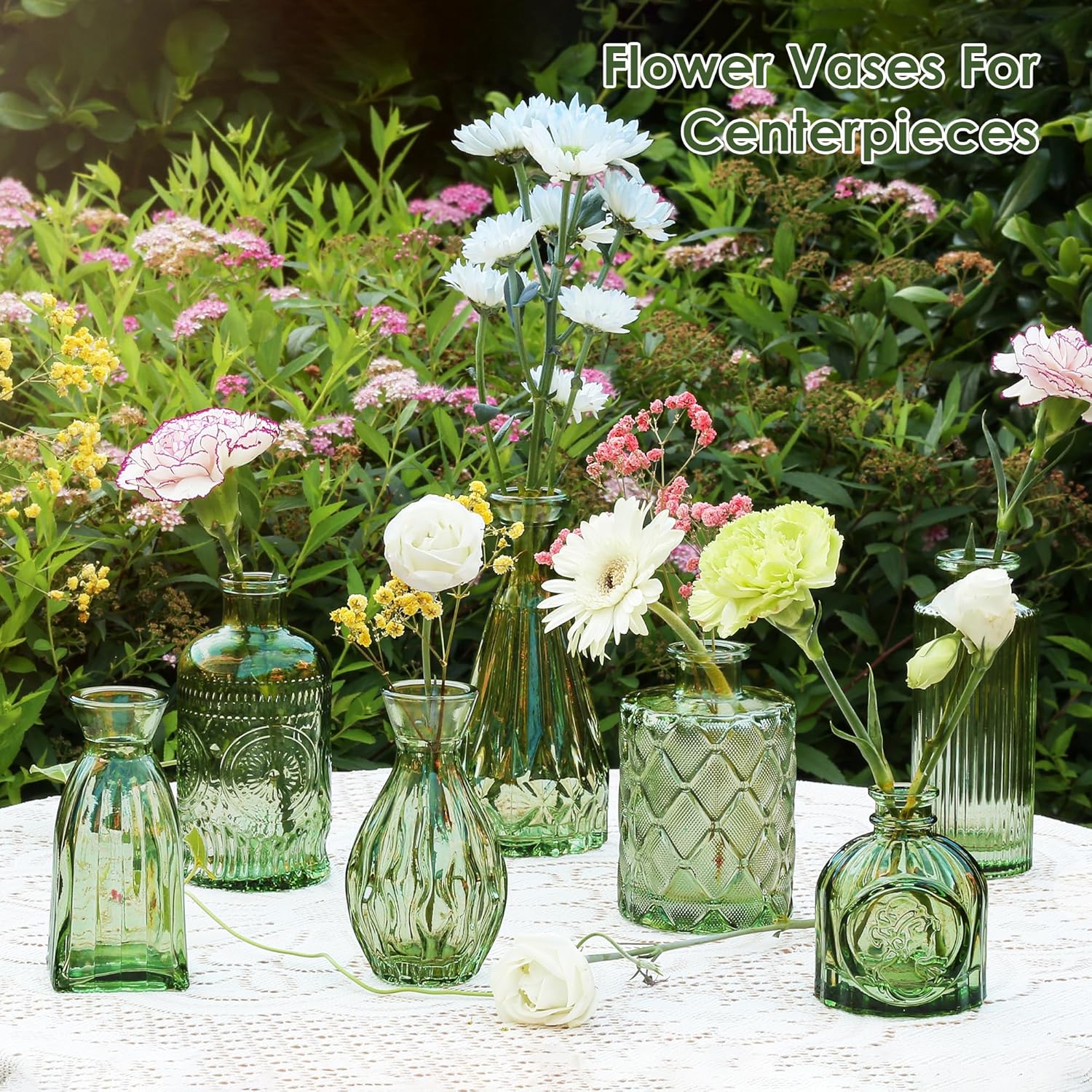 Vintage Small Glass Vases Set of 10,Mini Bud Vases for Flowers,Amber Glass Vases for Centerpieces,Wedding Decorations,Home Table Flower Decor (Hunt Green) - Image 2