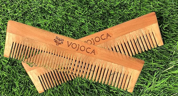 Vojoca Pure Neem Wooden Comb for Men & Women/ Anti-Dandruff Remover & Hair Styling/ Hair Growth Double Sided Comb (Set of 2)