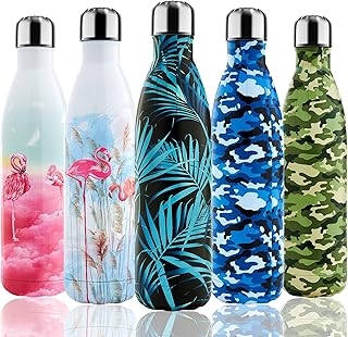 Shinemefly Bouteille d'eau Isotherme, Gourde INOX Thermos 750ml, Bouteille Thermos Réutilisable sans BPA pour Enfant, Gourde Isotherme Maintien Froid 24h ou Chaud 12h - Feuille de Palmier Noir