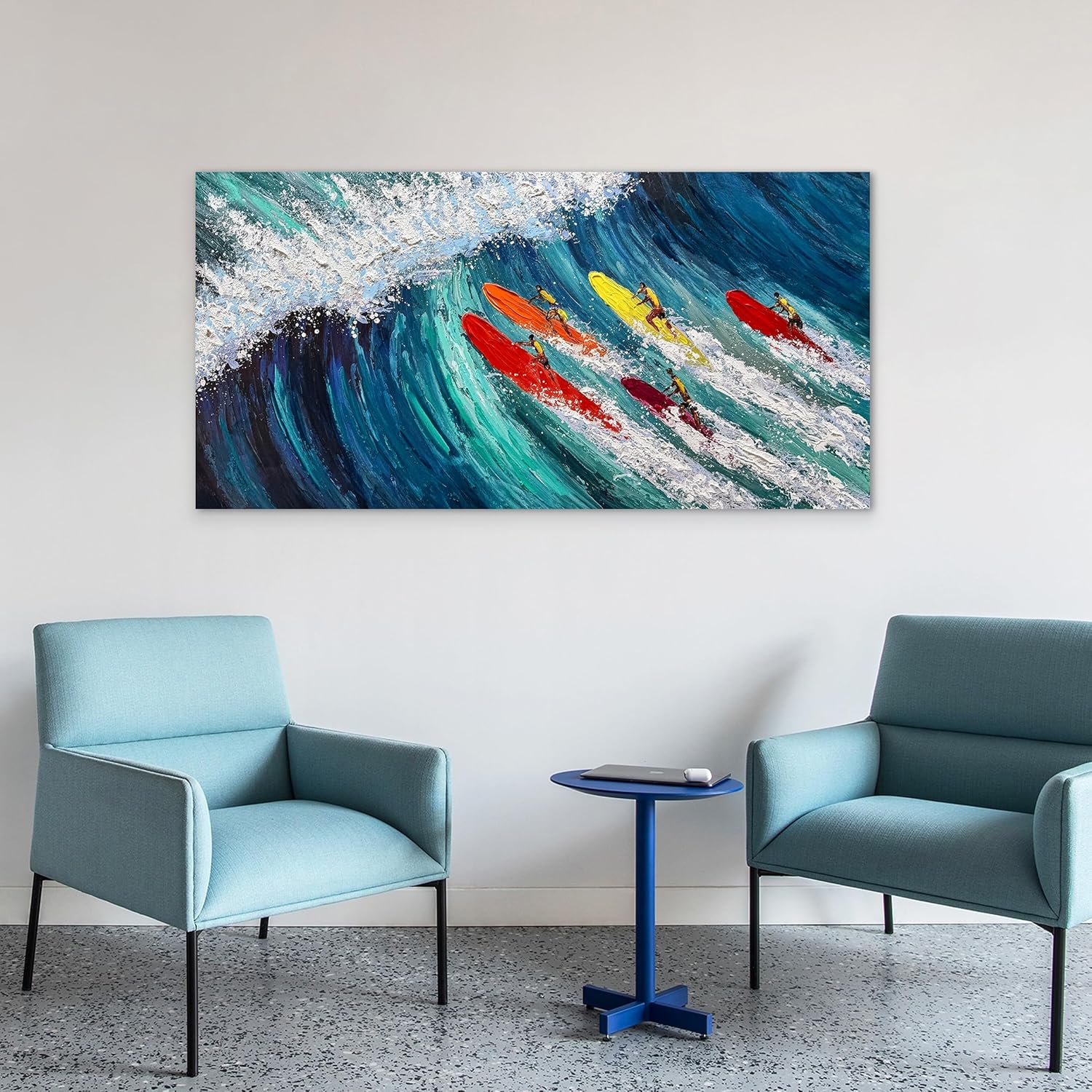 Coastal Canvas Wall Art for Living Room Large Blue Beach Hand Painted Oil Painting Ocean Wave Wall Art Colorful Surfer Artwork Textured Seascape Wall Decor for Bedroom Office Home Decor 20x40 Inch