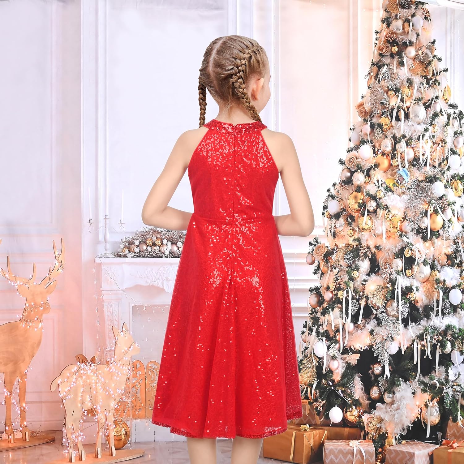 Sunny Fashion Girls Dress Turquoise Embroidered Halter Dress Party - Image 4