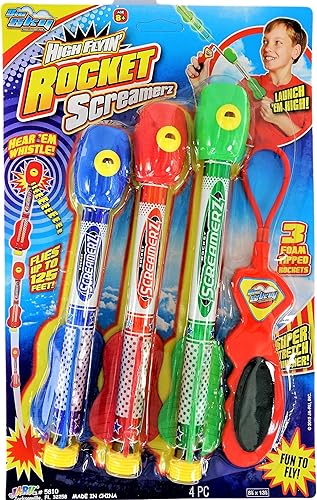 Miniatura 2 de JA-RU Sling Shot Rocket con sonido (1 juego de juguetes, 3 cohetes de espuma) Lanzador de banda de goma. Juguetes voladores de cohetes silbato.