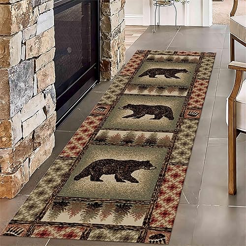 Alfombra rústica de oso de cabaña para pasillo, 1.3 x 7 pies, tapete de pino del bosque del suroeste para entrada, alfombra de pasillo fácil de