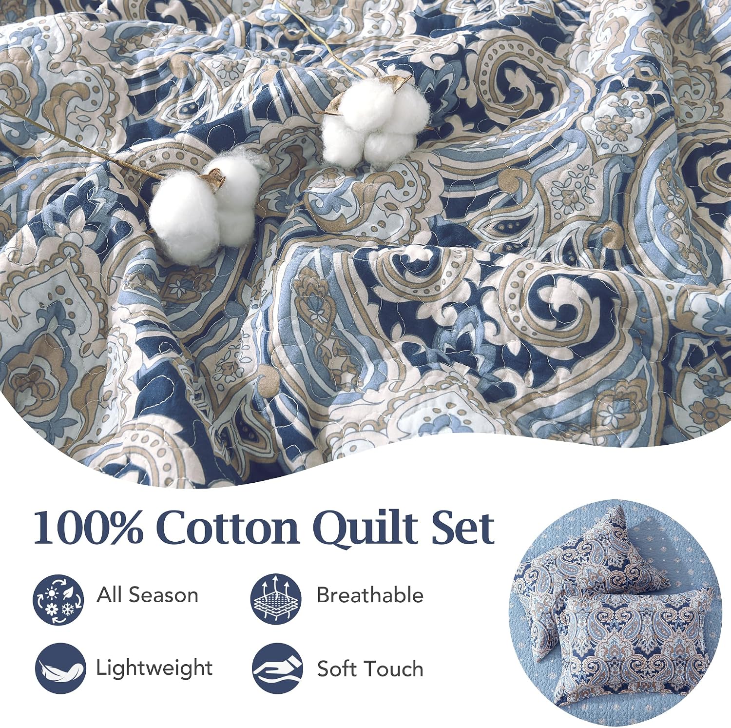 Navy Blue Paisley Quilt Set King Size - 100% Cotton Lightweight Quilts - Reversible Elegant Damask Floral Bedspreads for All-Season - 3 Piece, Navy/Blue/Taupe | Soft & Breathable, Vintage Decor
