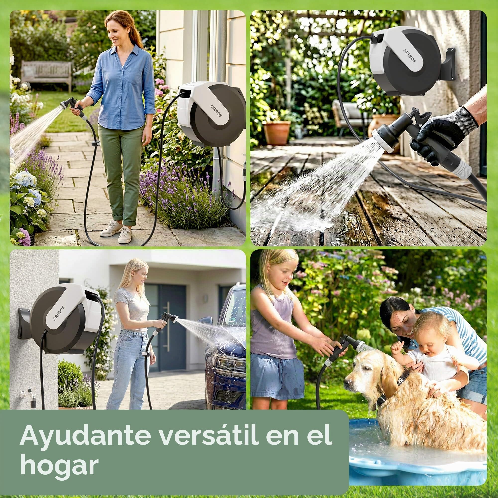 Arebos Enrollador de Manguera 25 m Automático | Carrete de Manguera con Soporte de Pared | Manguera Multicapa | Giratorio 180° | Función de Bloqueo | 7 Modos de Riego