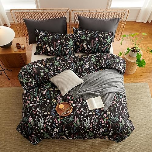 Miniatura 3 de Juego de funda de edredón floral negra tamaño matrimonial, juego de funda de edredón de 3 piezas para niños y niñas, estilo de jardín con patrón