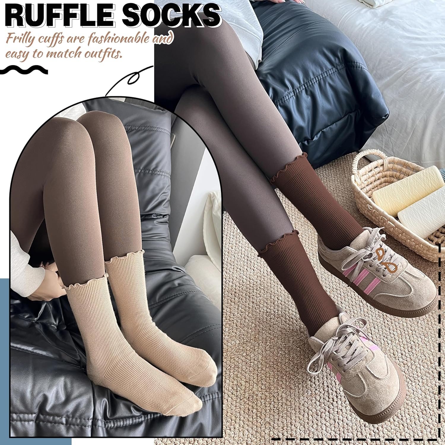 Thin Merino Wool Ruffle Boot Socks Warm Winter Cozy Frilly Soft Casual Breathable Socks for Womens 5 Pairs - Image 3