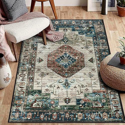 Collection Boho Medallion Area Rug -4’ X 6’ Washable Non Slip Thin Traditional Entryway Rug Doormat Distressed Accent Indoor Throw Low Pile Rug Front Floor Carpet for Entrance Living Room Bedrooms