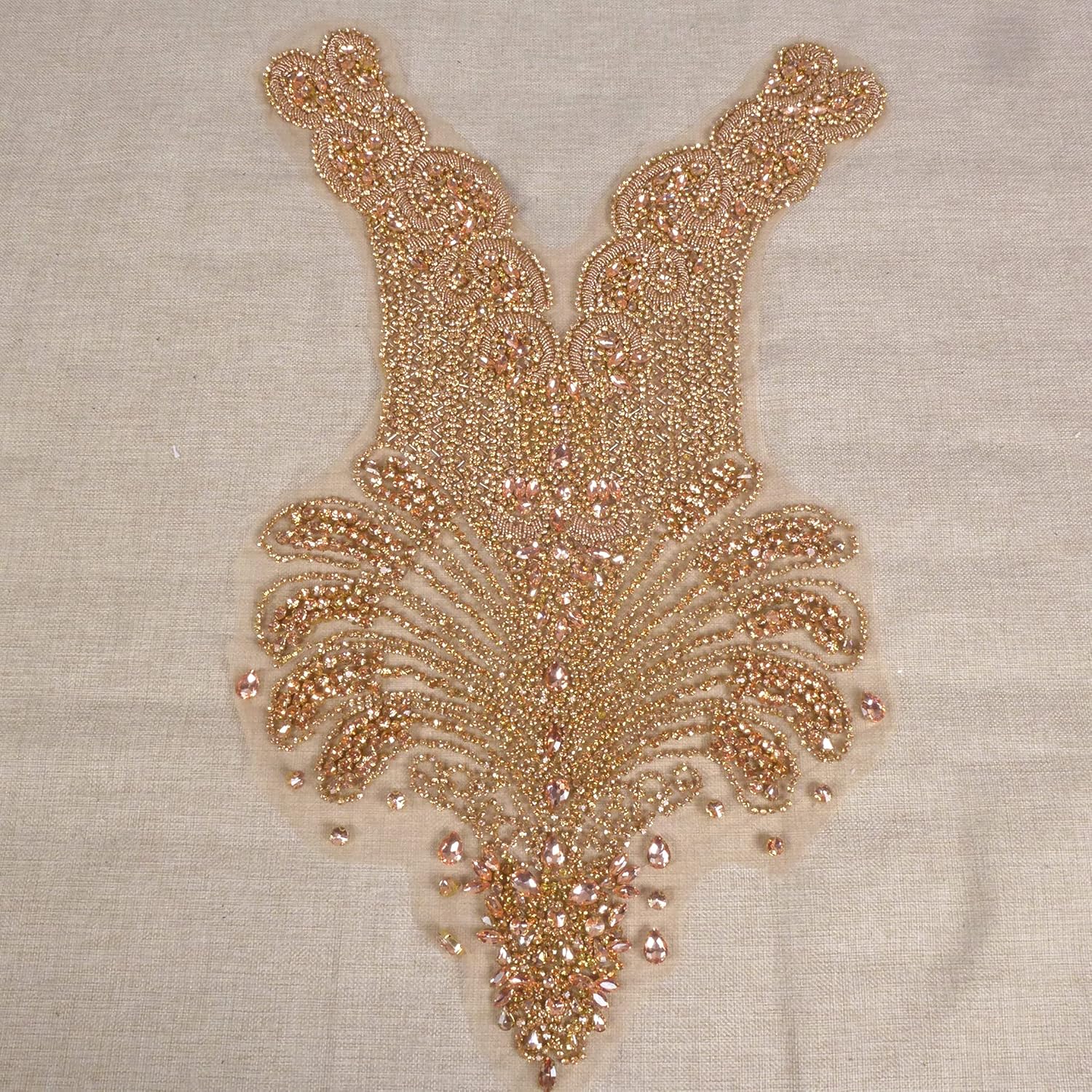 La Belleza Rose Gold Rhinestones Handmade Beautiful Large Bodice Applique Patch with Glass Crystal and Beads for Dresses 25.6" x15.7" by Piece