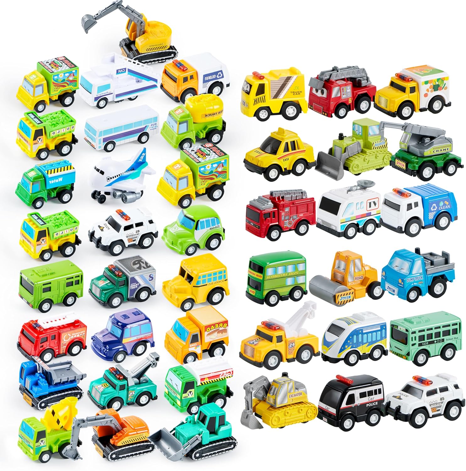 JOYIN 43 Piece Pull Back City Cars and Trucks Toy Vehicles Set Model Car, Friction Powered Die-Cast Cars for Toddlers, Boys, and Girls’ Educational Play, Easter Basket Stuffers Egg Fillers