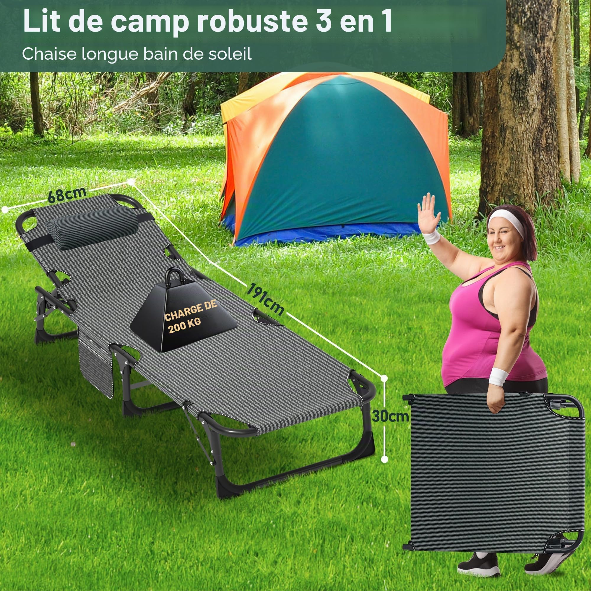 Chaise Longue Jardin Exterieur Pliable 200 kg, Bain de Soleil