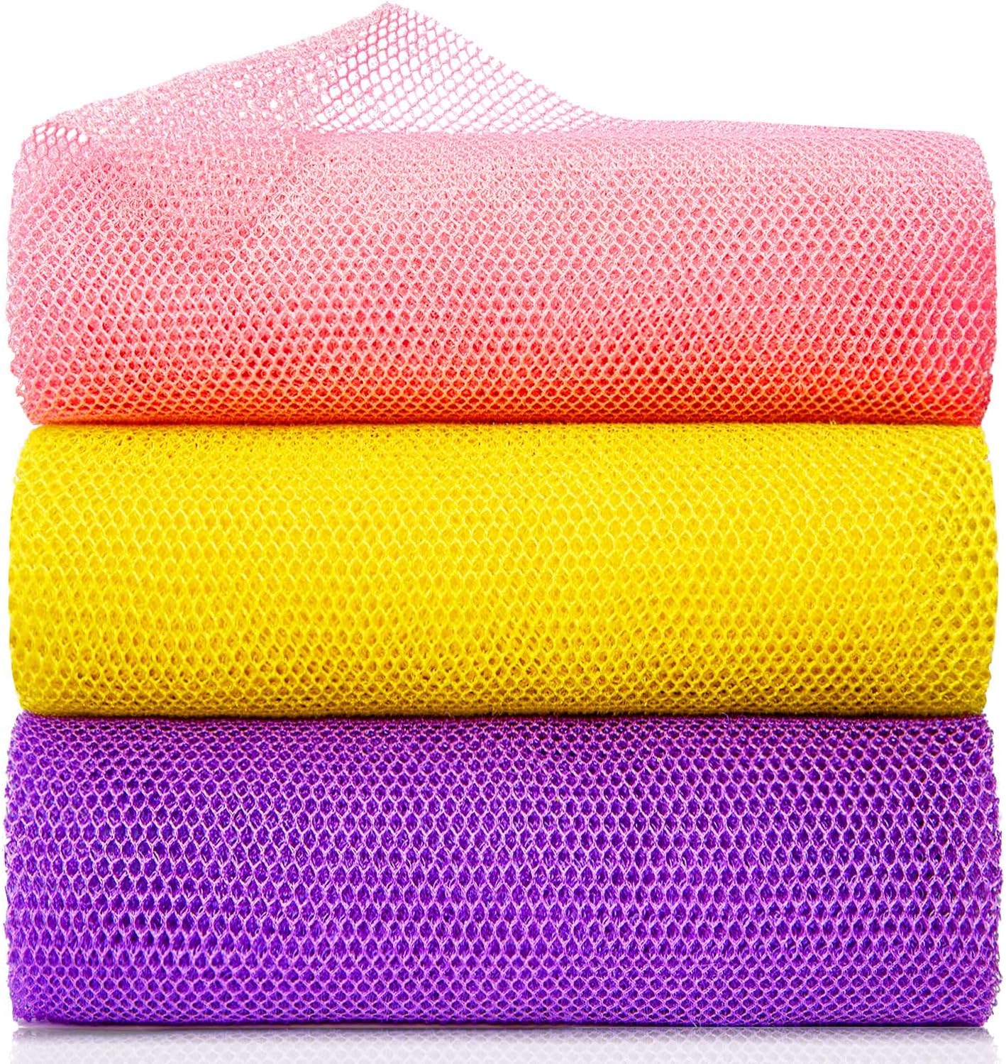 GIGULES, 3 African Net Bath Sponges - Exfoliating Scrubbers, Yellow, Pink, Purple