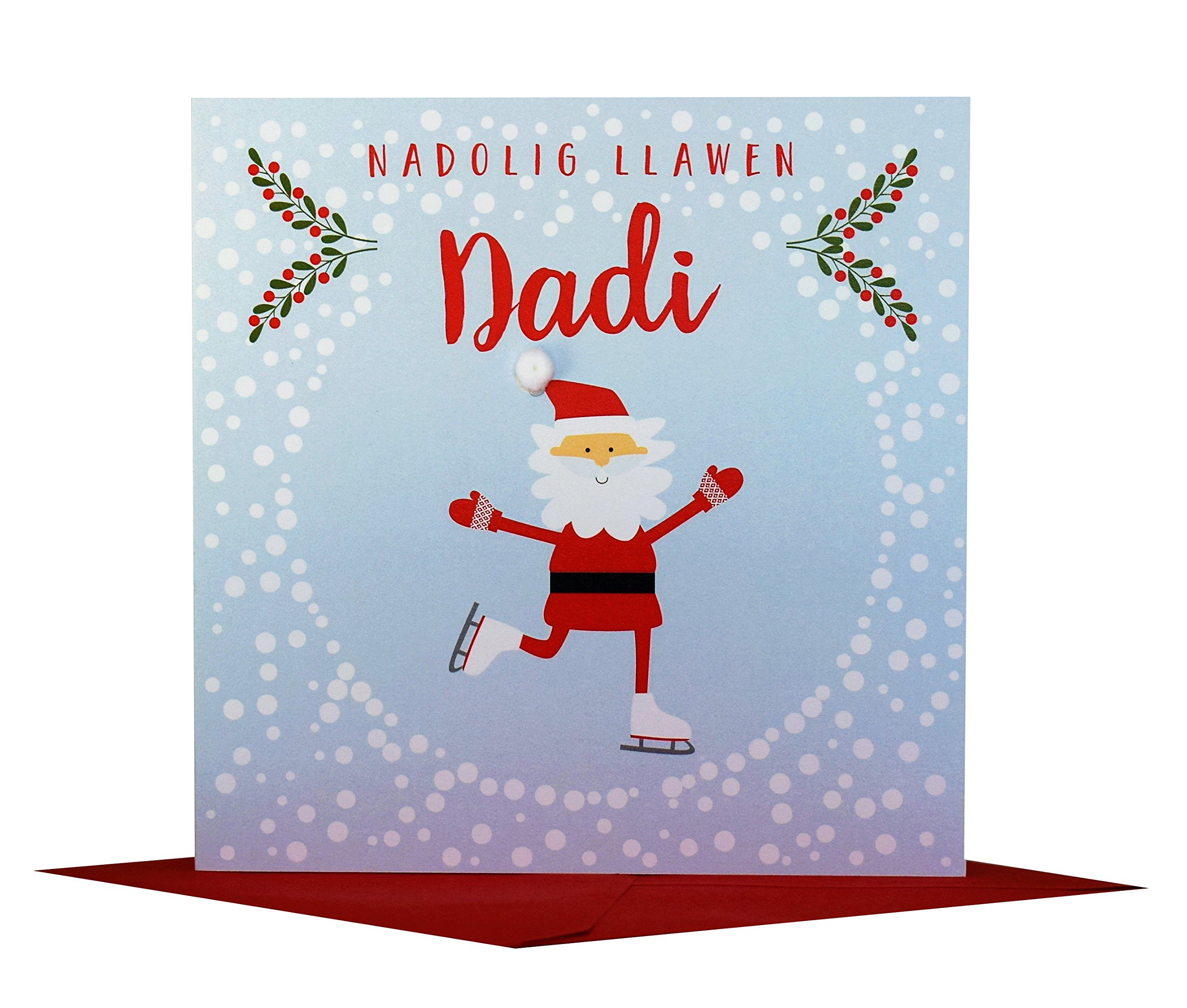 Claire Giles Greeting Cards, Welsh Happy Christmas Daddy Card, Nadolig Llawen Dadi, Skating Santa Design Xmas Greeting Card, Embellished with Colourful Pompoms