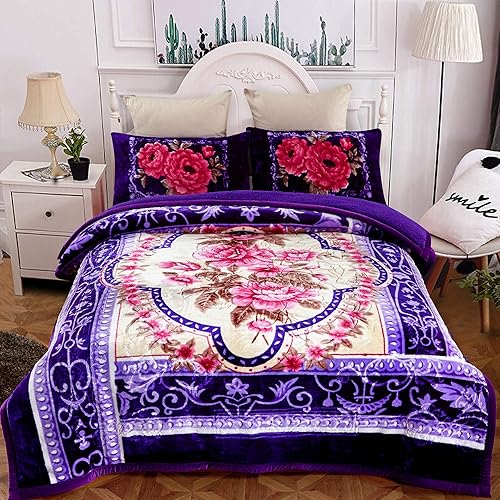JML Sherpa Flannel Blanket, 3-Piece Fleece Blanket with Pillow Shams- Soft, Warm, Korean Style Printed Embossed Bed Blanket, Purple