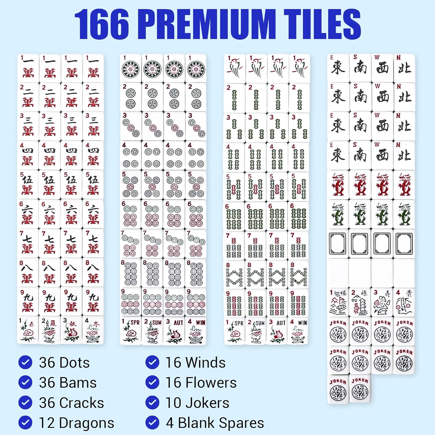 American Mahjong Game Set with Mat and Racks, Mahjong Tiles Set Include 166 White Tiles, Mahjong Mat, 4 All-in-One Rack/Pushers, Blue Bag and Mahjong Accessories, Mahjong Set Complete