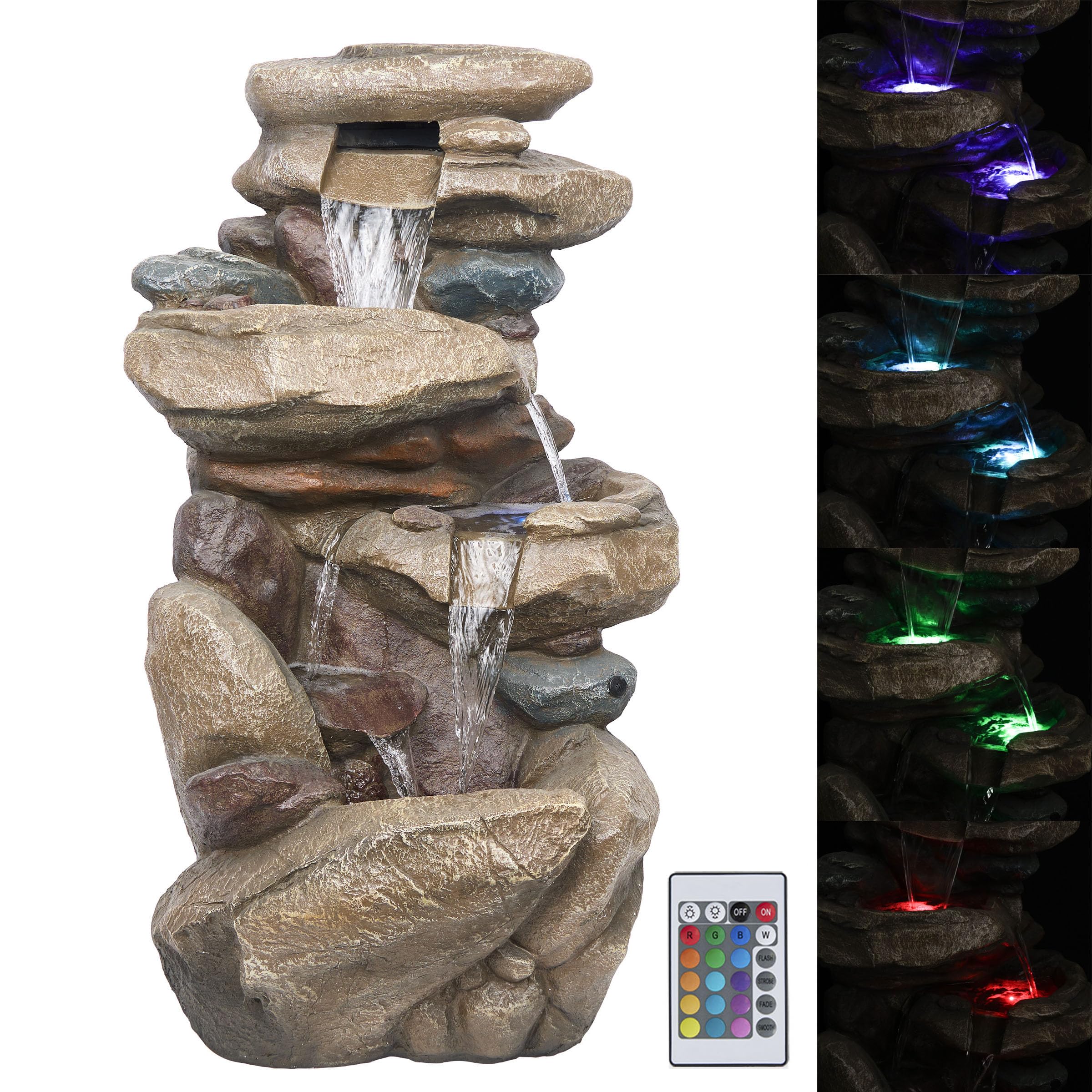 Alpine Corporation 40" Tall Floor Fountain, Tiered Rock Water Feature with Color-Changing LED & Remote, Cascading Streams for a Tranquil Garden, Patio, Yard, Deck, or Porch, Light Brown