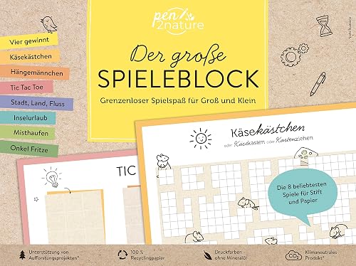 Der große Spieleblock. Umweltfreundlicher Spielspaß für Groß und Klein: Nachhaltiger, bunter Spiele-Block auf Recyclingpapier. Für Spieleabende mit der ganze Familie (pen2nature family)