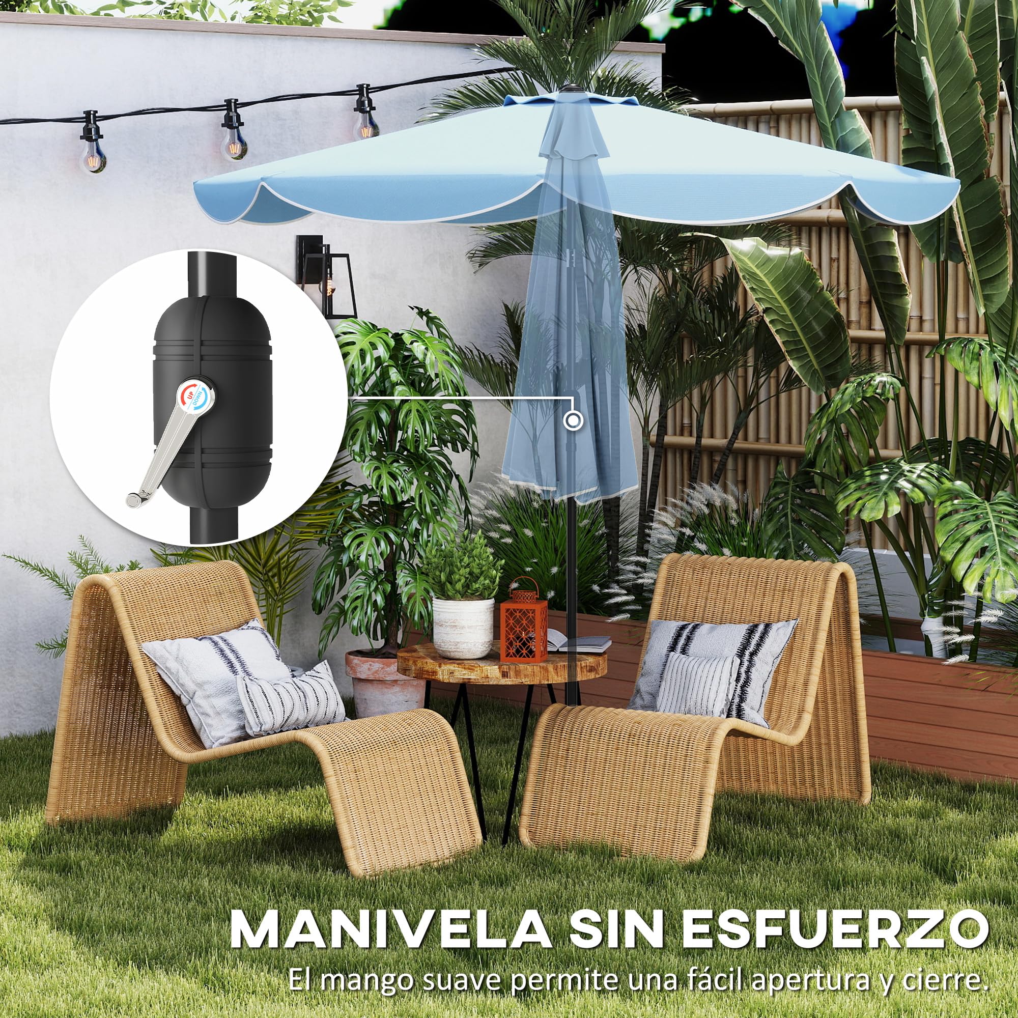 Outsunny Sombrilla Terraza Exterior Ø2,7 m Inclinación Ajustable | Sombrilla de Jardín, 3 Posiciones, Manivela y Volantes, Impermeable, Parasol para Playa, Patio, Terraza