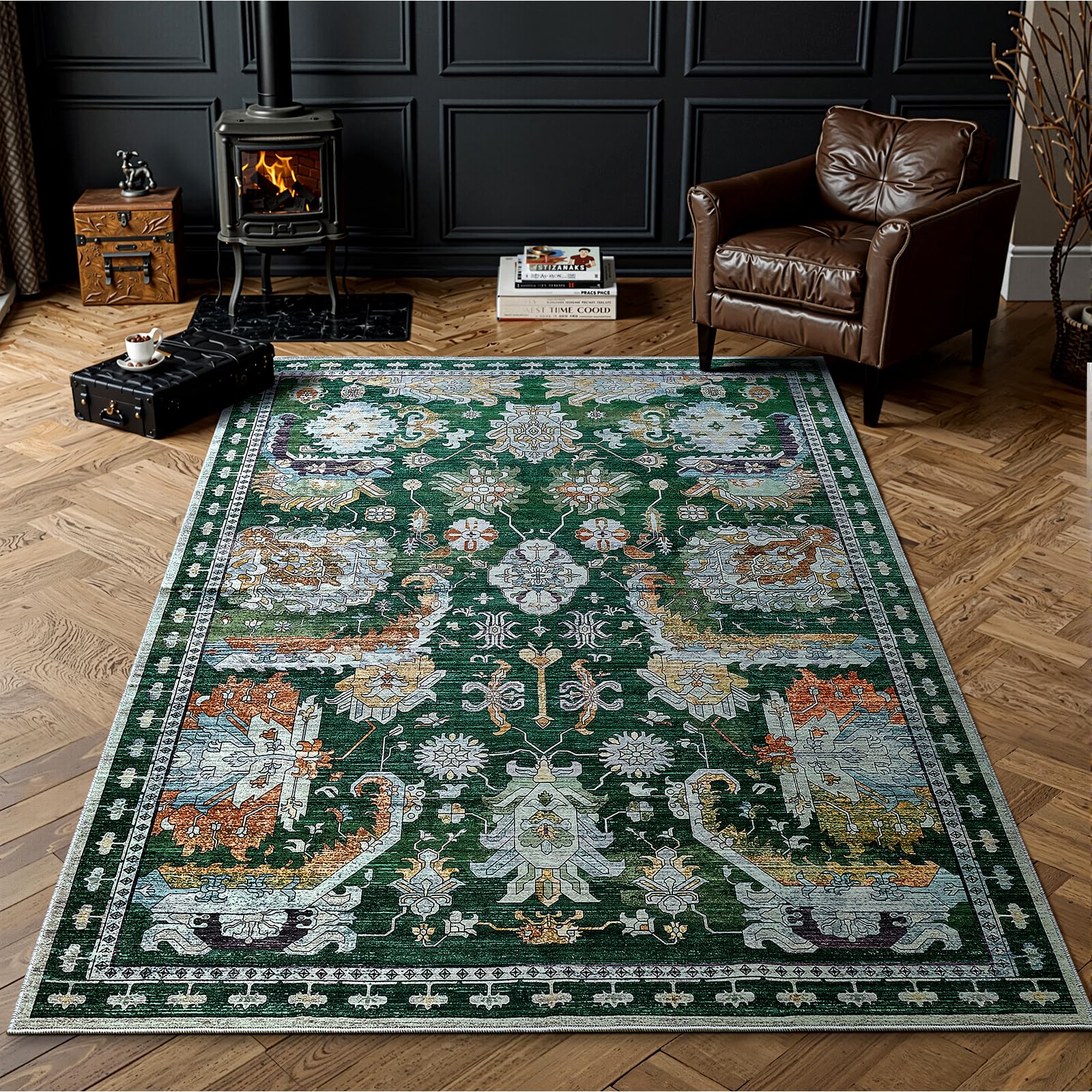 Tapis vintage lavable en machine grand format à envers antidérapant