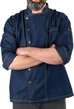 KNG Denim Snap Front Chef Coat - Blue, Unisex Adults - 3/4 Sleeve, Trench Coat - XXL